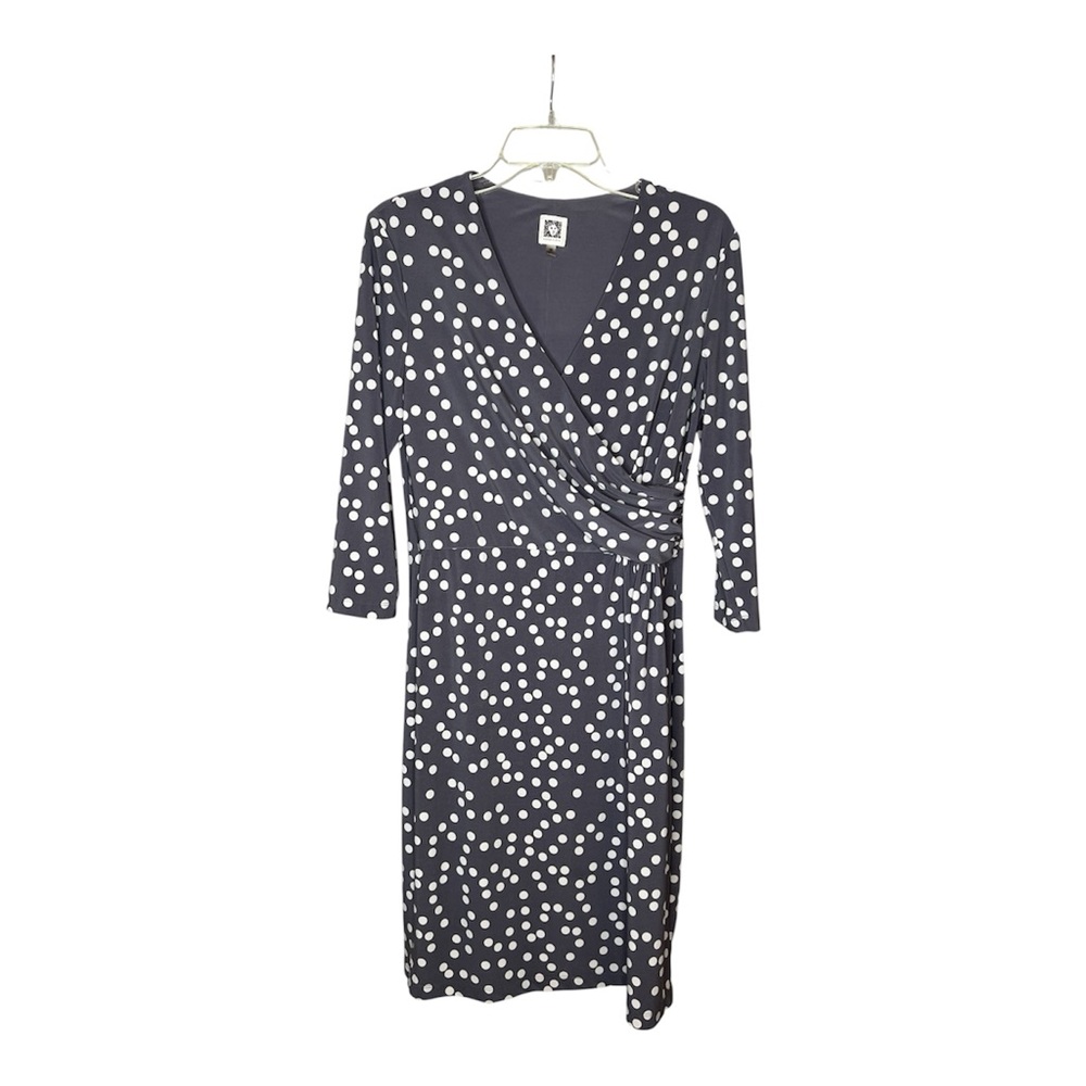 Anne Klein Slate Gray/White Polka Dot Faux Wrap Dress SZ 10